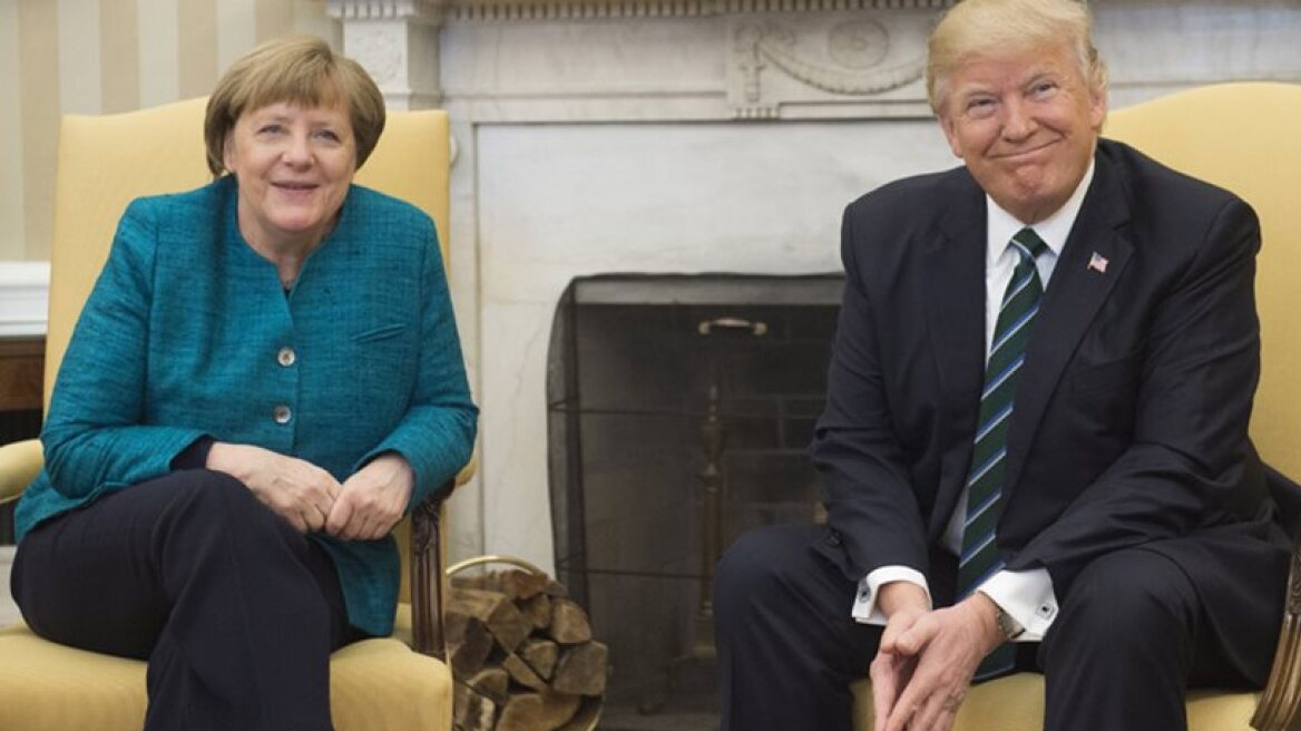 US President Donald Trump welcomes Angela Merkel
