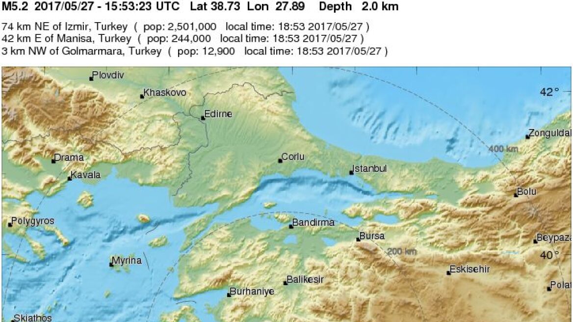 Σεισμός 5,1 Ρίχτερ βορειοανατολικά της Σμύρνης στην Τουρκία