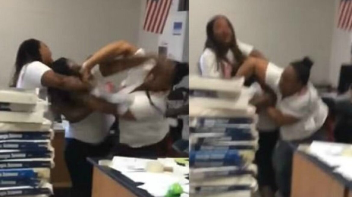 Shocking video of school teachers fighting each other in classroom! (video)
