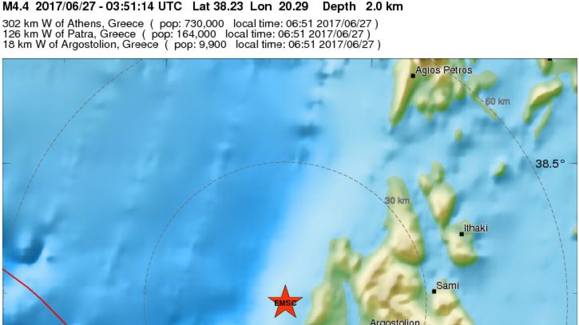 Σεισμός 3,9 Ρίχτερ δυτικά της Κεφαλονιάς