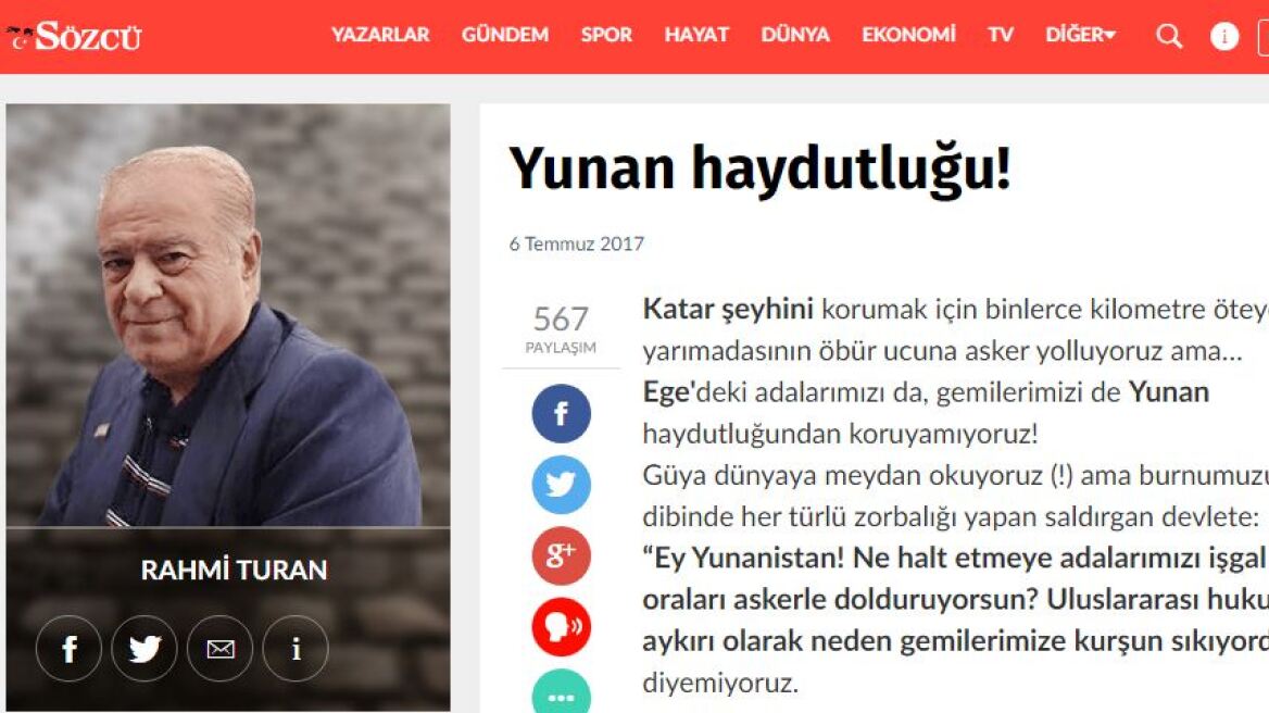 Απίστευτο άρθρο στην τουρκική Sözcü: Οι Έλληνες τύραννοι έχουν υπό κατοχή τα νησιά μας!