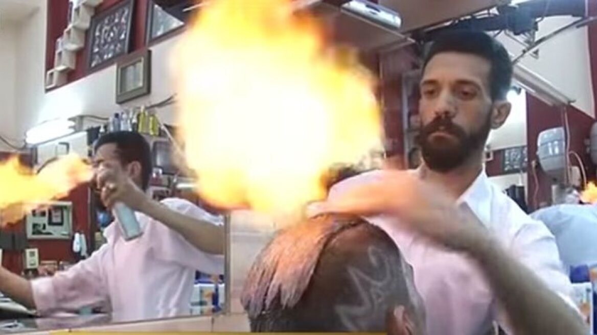 Your hair is on fire! Literally in Egyptian barber shop! (video)