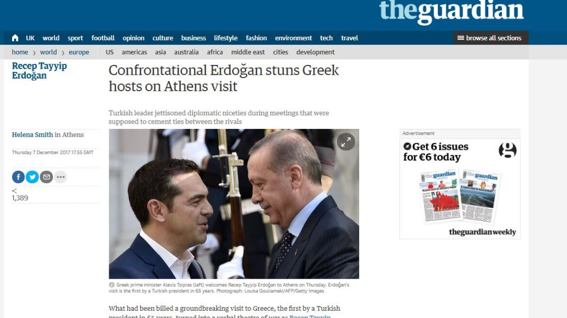 Guardian: Ο Ερντογάν σόκαρε τους Έλληνες οικοδεσπότες του