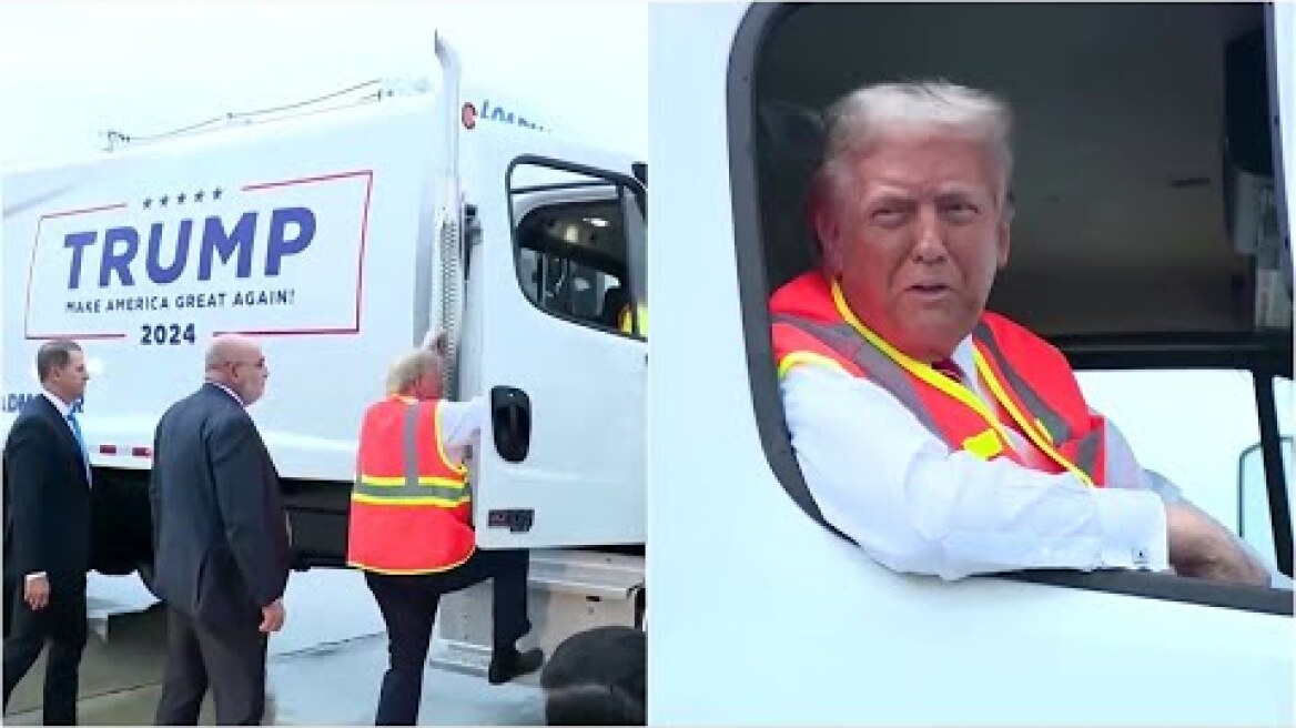 Donald Trump speaks from garbage truck after Biden insults supporters