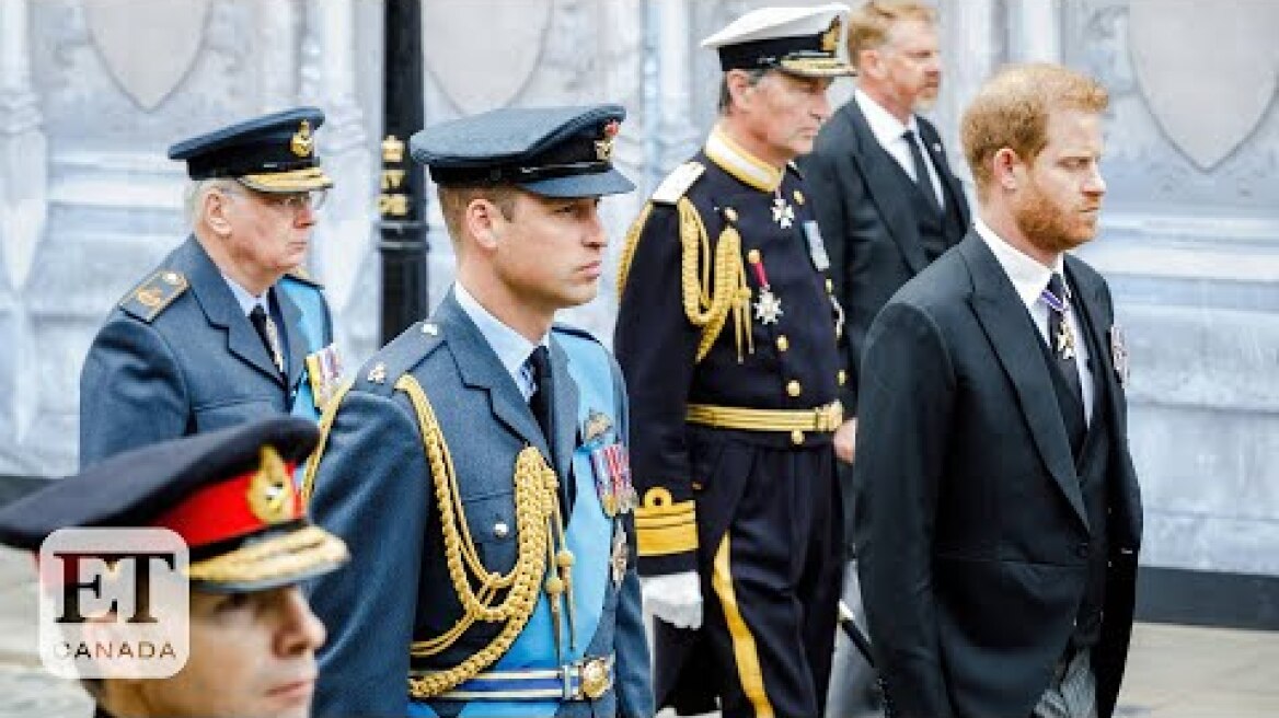 King Charles III, Prince William And Prince Harry Walk Behind Queen's Coffin