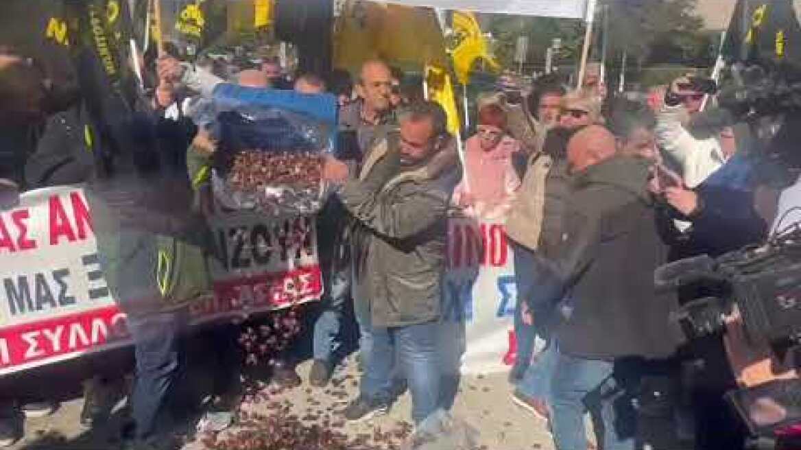 Οι αγρότες άδειασαν τελάρα με κάστανα και μήλα έξω από τη ΔΕΘ, στο πλαίσιο της διαμαρτυρίας τους