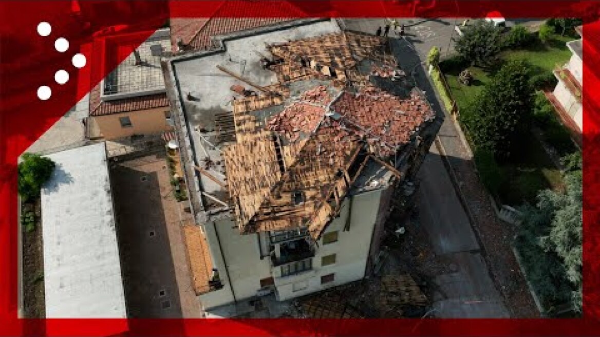 Maltempo in Lombardia, tetto palazzo distrutto dal vento a Ciliverghe (Brescia): immagini dal drone