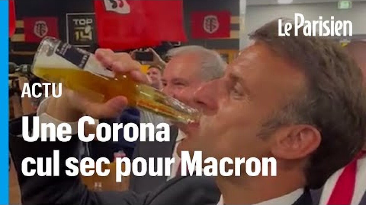 Finale du Top 14 : quand Emmanuel Macron descend une bière cul sec dans le vestiaire de Toulouse
