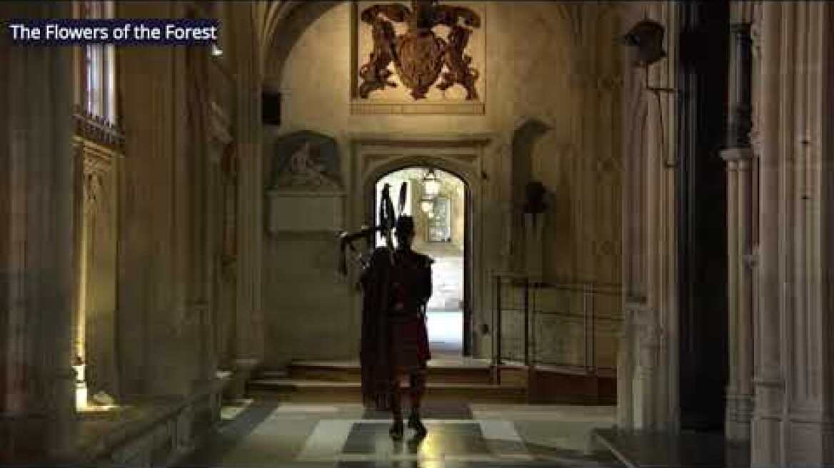 FLOWERS of the FOREST: Bagpiper at the Funeral of Prince Philip, Duke of Edinburgh. Windsor Castle