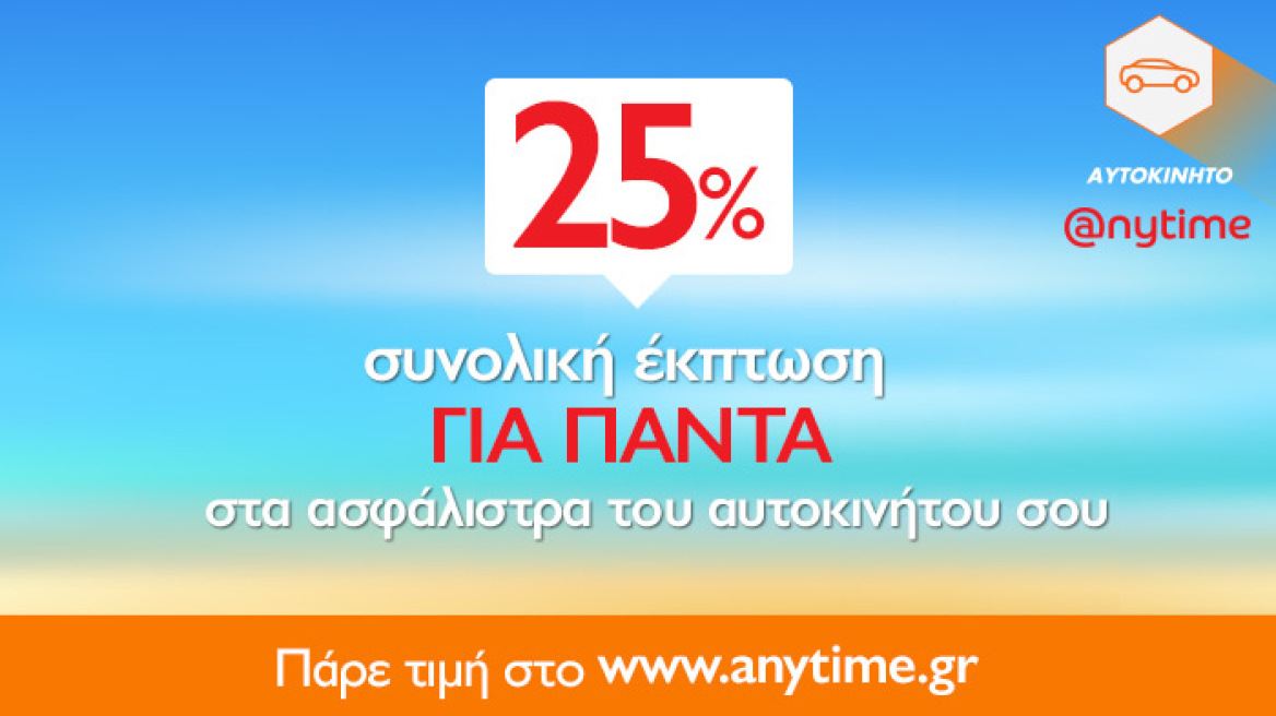 Anytime: 25% έκπτωση για κάθε νέα ασφάλιση αυτοκινήτου με πιστωτική κάρτα!