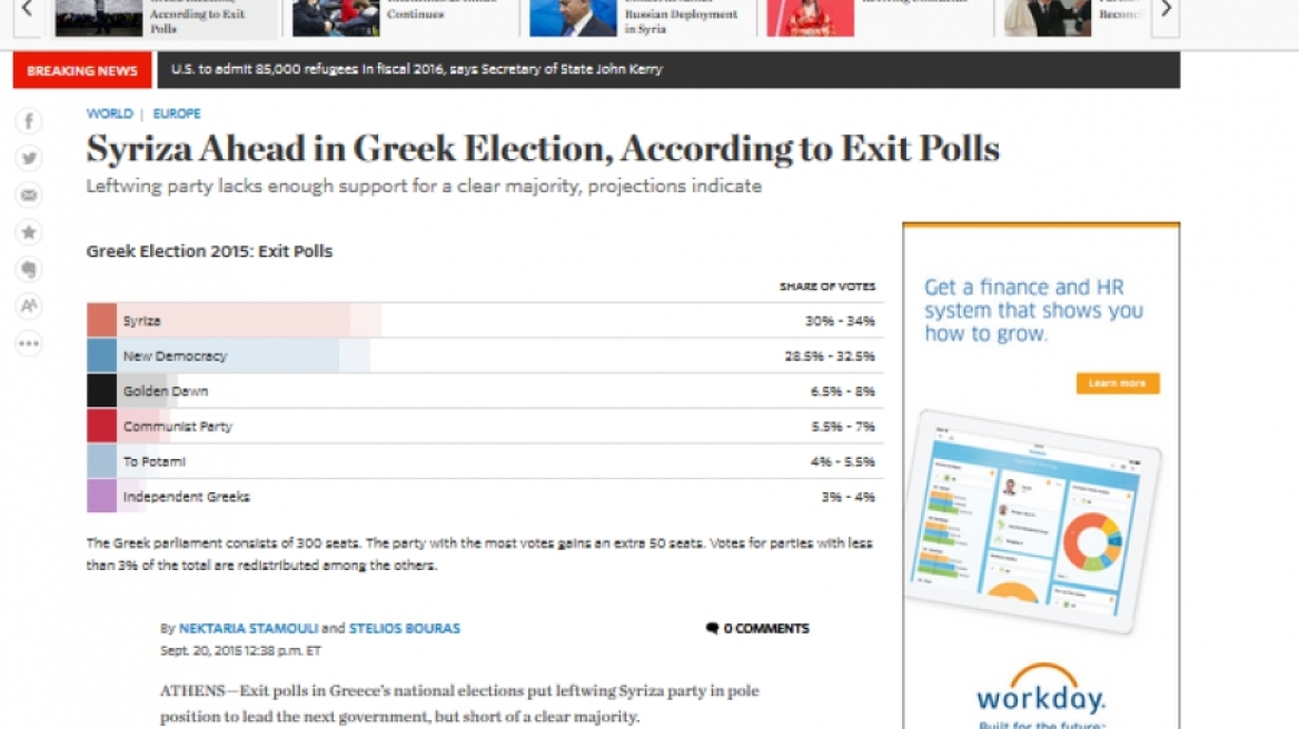 WSJ: Αν ο ΣΥΡΙΖΑ κερδίσει, όπως δείχνουν τα exit polls, θα πρέπει να κυβερνήσει διαφορετικά