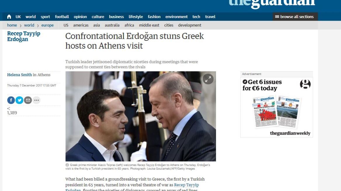 Guardian: Ο Ερντογάν σόκαρε τους Έλληνες οικοδεσπότες του