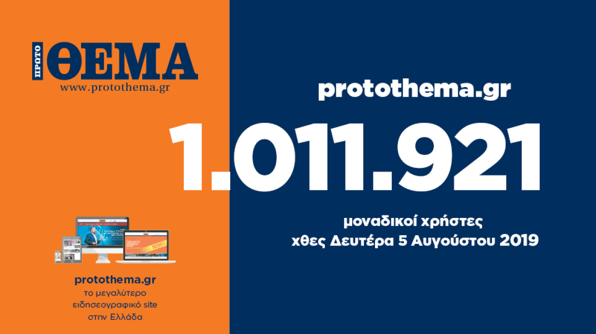 1.011.921 μοναδικοί χρήστες ενημερώθηκαν χθες Δευτέρα 5 Αυγούστου από το protothema.gr