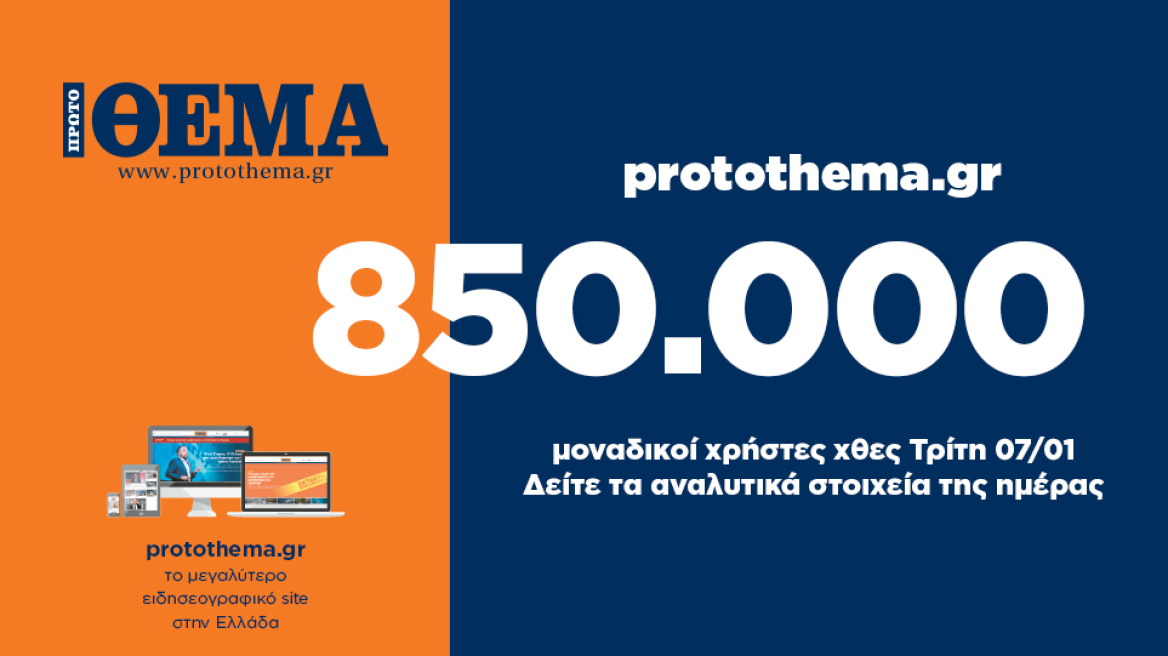 850.000 μοναδικοί χρήστες ενημερώθηκαν χθες Τρίτη 7 Ιανουαρίου από το protothema.gr