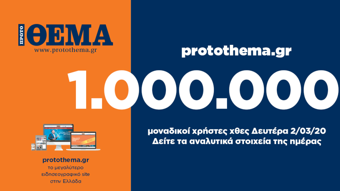 1.000.000 μοναδικοί χρήστες ενημερώθηκαν χθες Δευτέρα 2 Μαρτίου από το protothema.gr