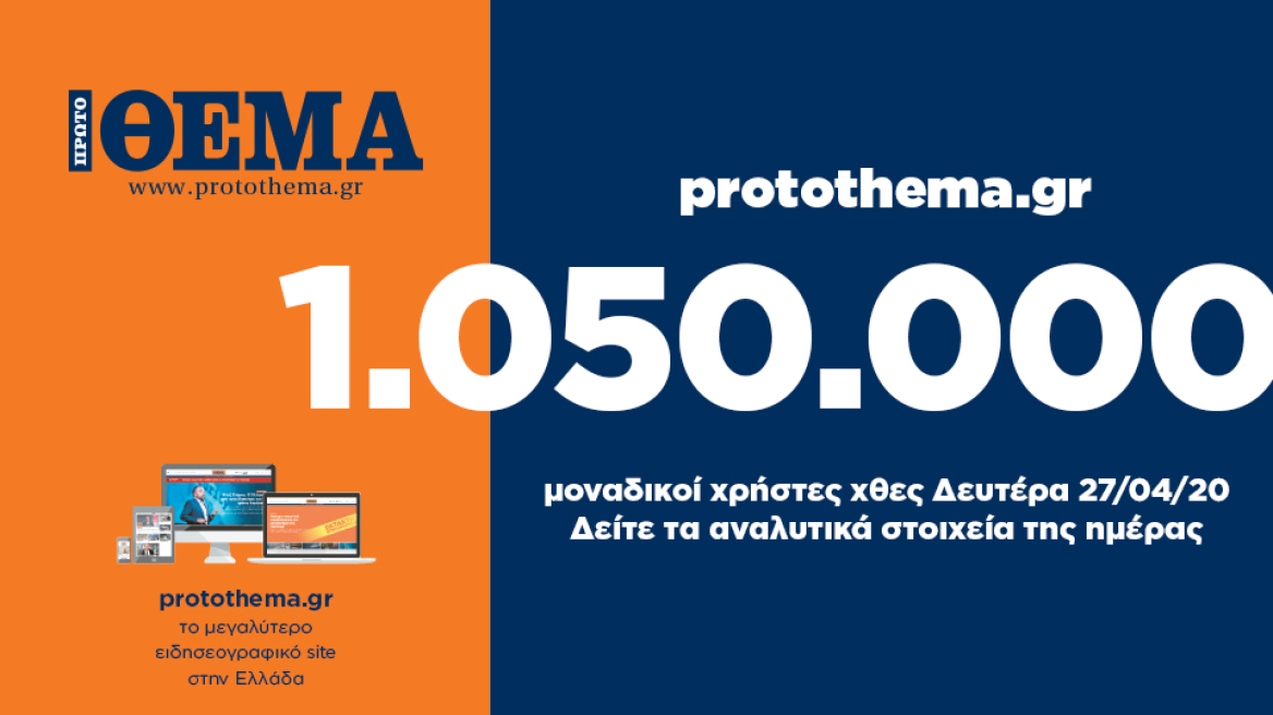 1.050.000 μοναδικοί χρήστες ενημερώθηκαν χθες Δευτέρα 27 Απριλίου από το protothema.gr