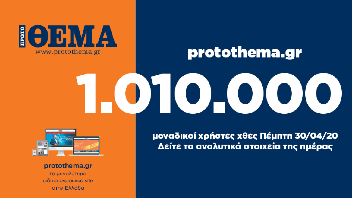 1.010.000 μοναδικοί χρήστες ενημερώθηκαν χθες Πέμπτη 30 Απριλίου από το protothema.gr