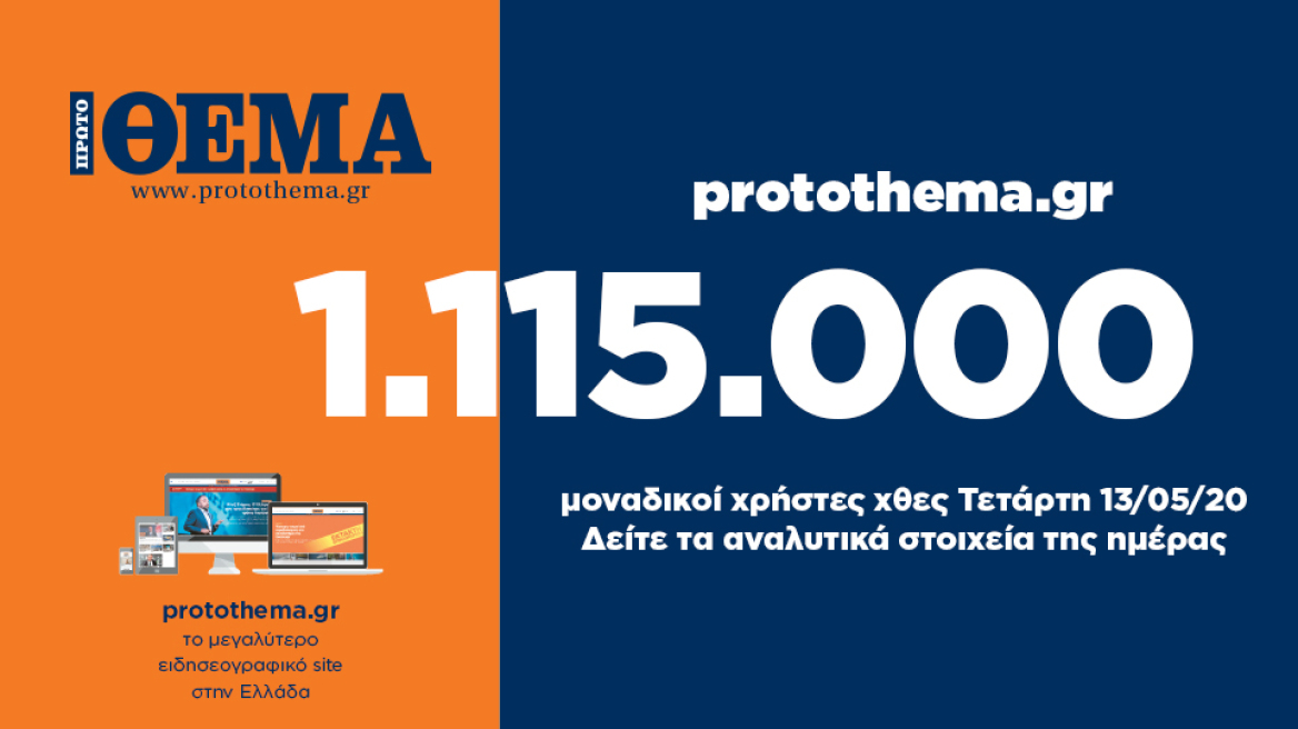 1.115.000 μοναδικοί χρήστες ενημερώθηκαν χθες Τετάρτη 13 Μαΐου από το protothema.gr