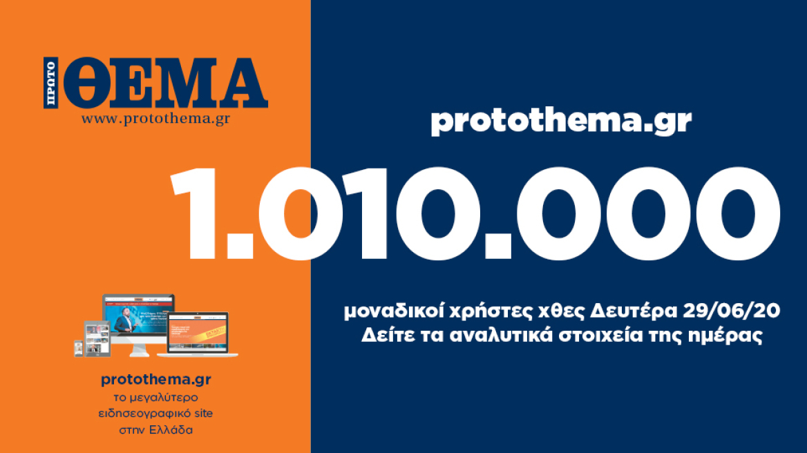 1.010.000 μοναδικοί χρήστες ενημερώθηκαν χθες Δευτέρα 29 Ιουνίου από το protothema.gr