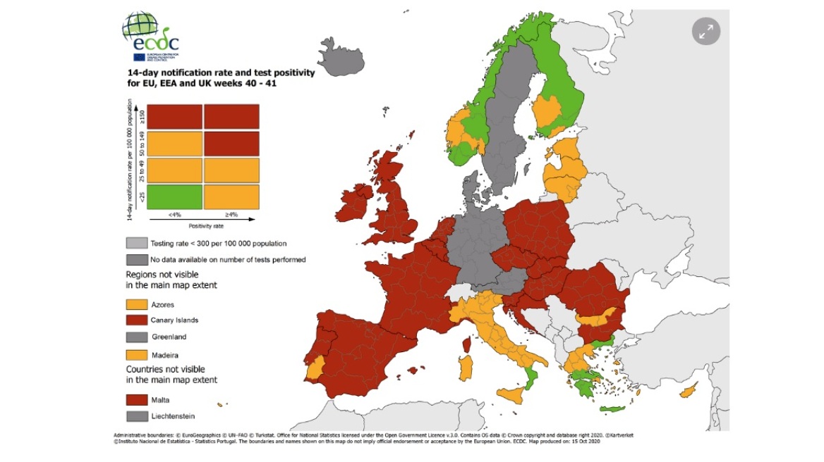 Κορωνοϊός - Χάρτης κρουσμάτων στην Ευρώπη: Στο «πράσινο» η μισή Ελλάδα