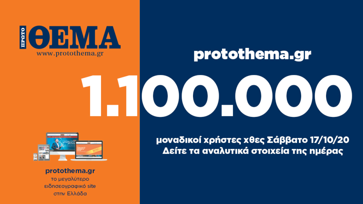 1.100.000  μοναδικοί χρήστες ενημερώθηκαν χθες  Σάββατο 17 Οκτωβρίου από το protothema.gr