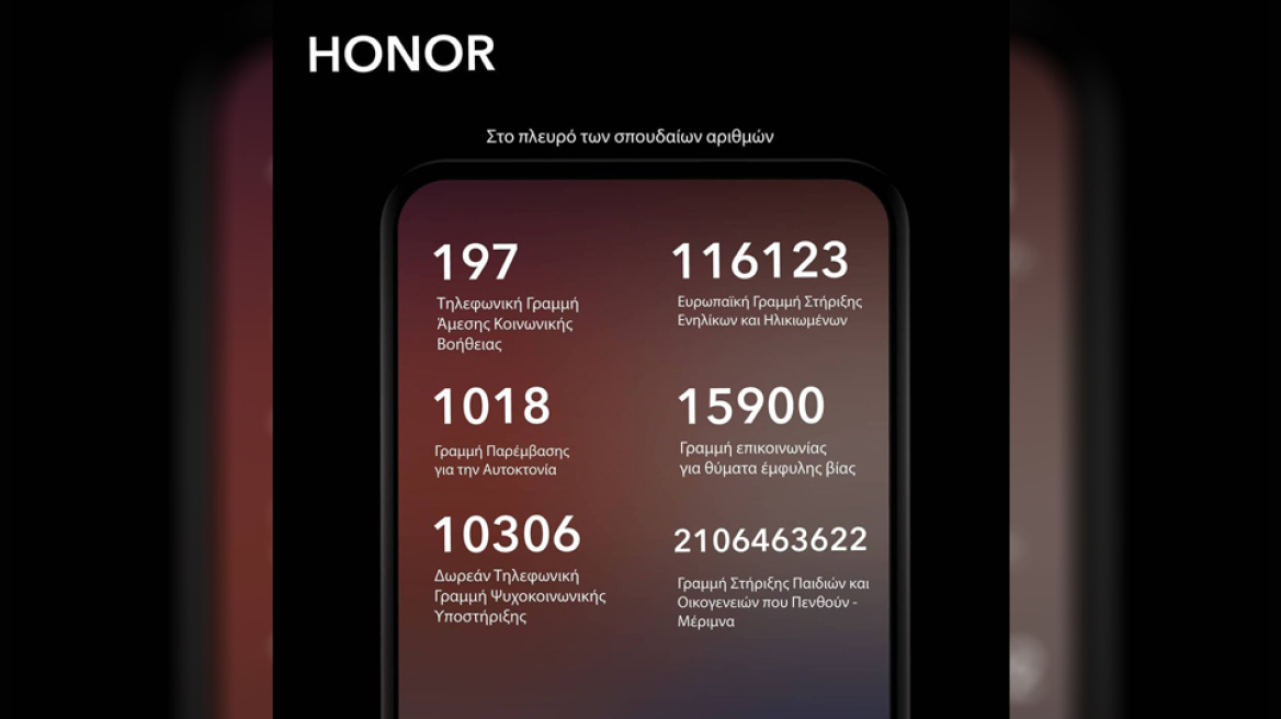 H HONOR γνωστοποιεί και στηρίζει 6 Γραμμές Υποστήριξης!