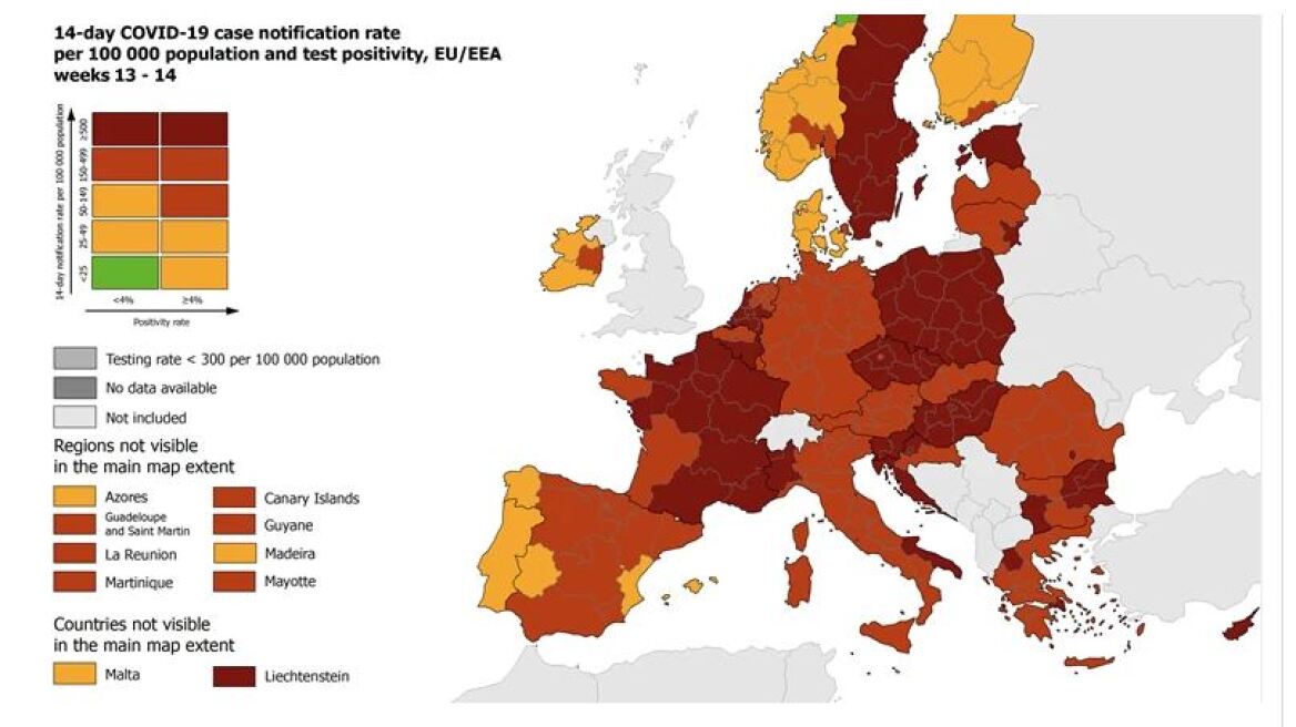  Χάρτης ECDC: Στο «κόκκινο» η Ελλάδα, στο «βαθύ κόκκινο» Αττική και Δυτική Μακεδονία