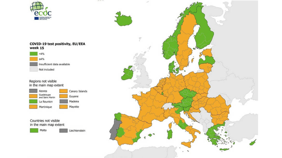 Κορωνοϊός - Χάρτης ECDC: Στο «πράσινο» η Ελλάδα στον δείκτη θετικότητας