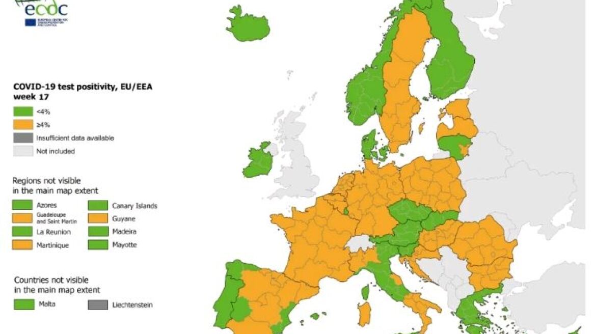 Κορωνοϊός - Χάρτης ECDC: «Πράσινη» η Ελλάδα στον δείκτη θετικότητας για τρίτη συνεχόμενη εβδομάδα