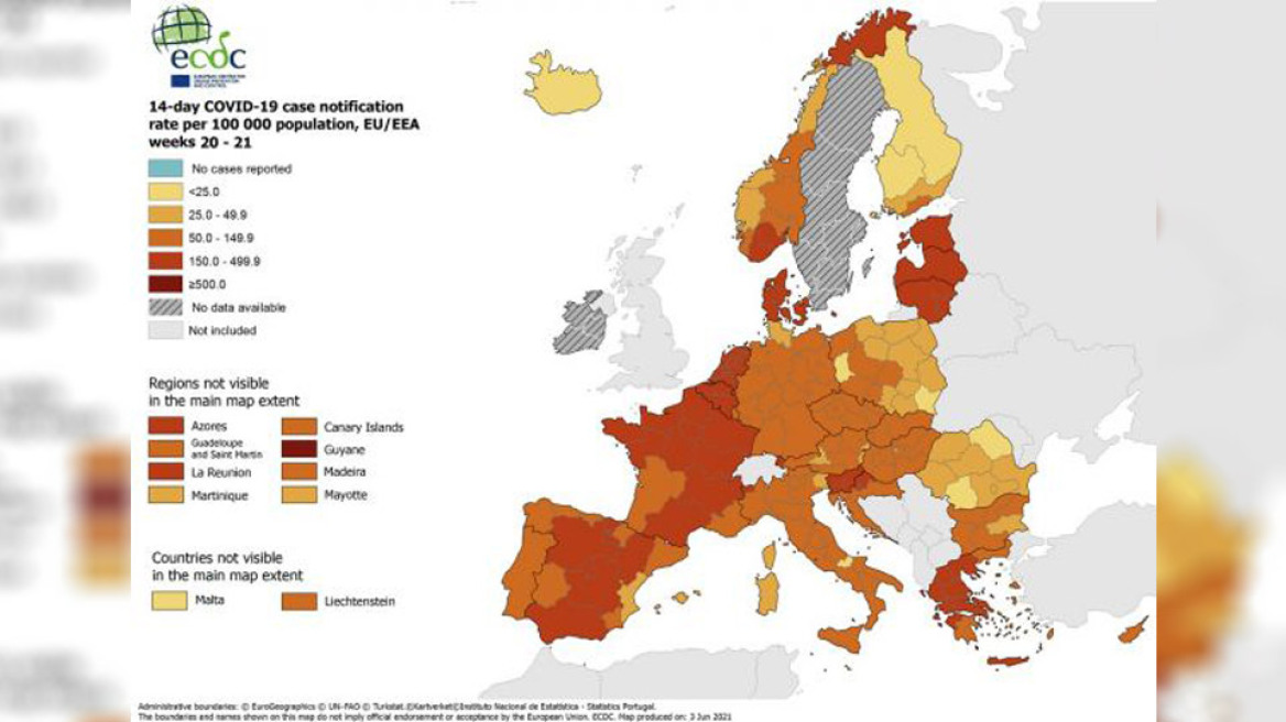 ECDC: Κάτω από το 4% ο δείκτης θετικότητας - «Πορτοκαλί» το μεγαλύτερο μέρος της Ελλάδας