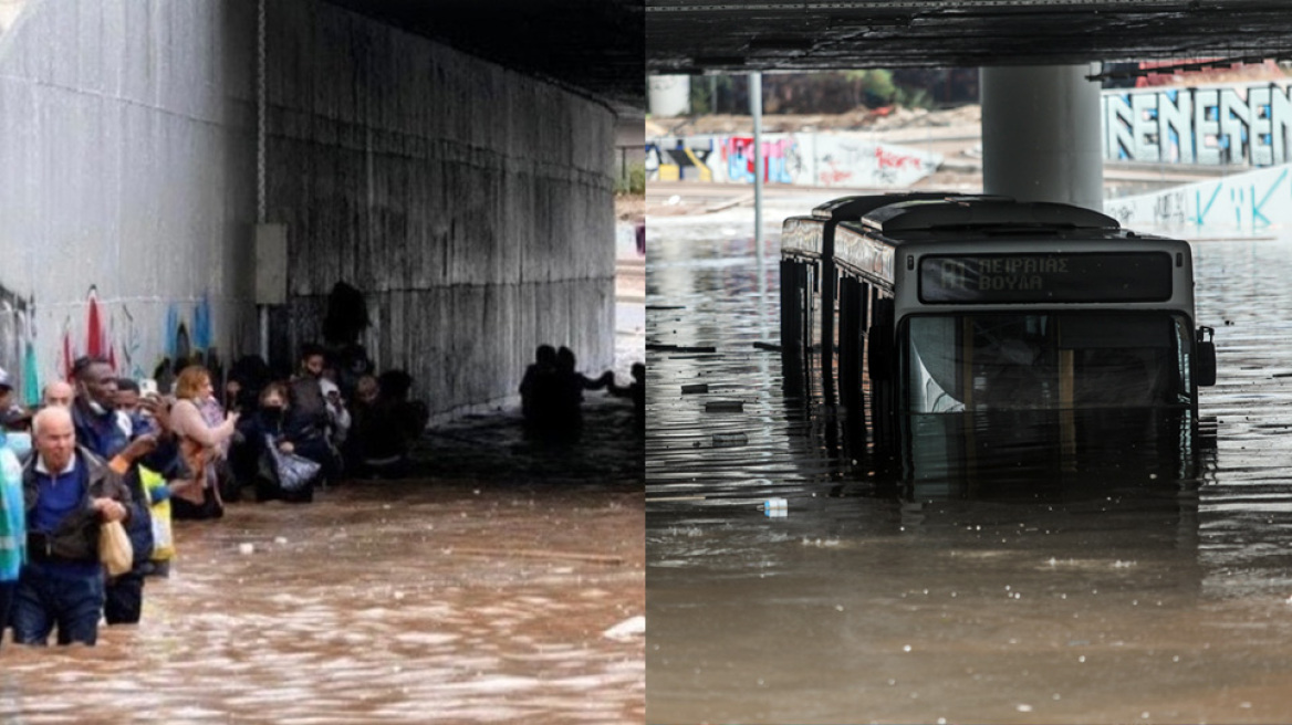 Κακοκαιρία Μπάλλος: Δείτε νέα βίντεο από το λεωφορείο που «βυθίστηκε» στην παλιά Ποσειδώνος - Έκαναν «αλυσίδα» οι επιβάτες για να βγουν