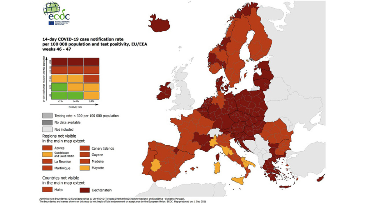 Κορωνοϊός: Σε «βαθύ κόκκινο» η Ελλάδα δείχνει ο χάρτης του ECDC