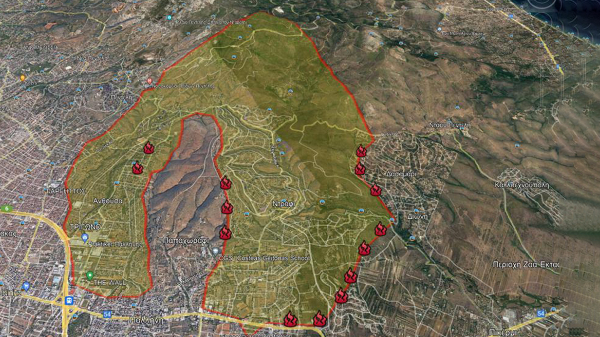 Φωτιά στην Πεντέλη - Χάρτης meteo: Η εξάπλωση της πυρκαγιάς από δορυφόρο