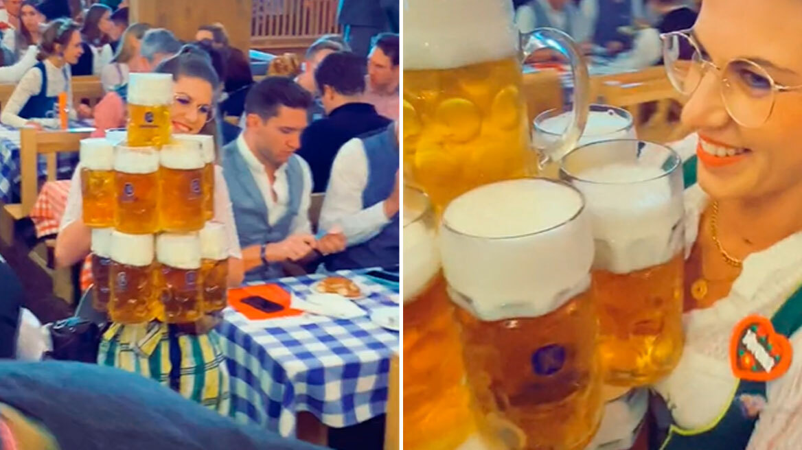 Oktoberfest: Σερβιτόρα σήκωσε «πυραμίδα» από μπύρες - Δείτε το βίντεο