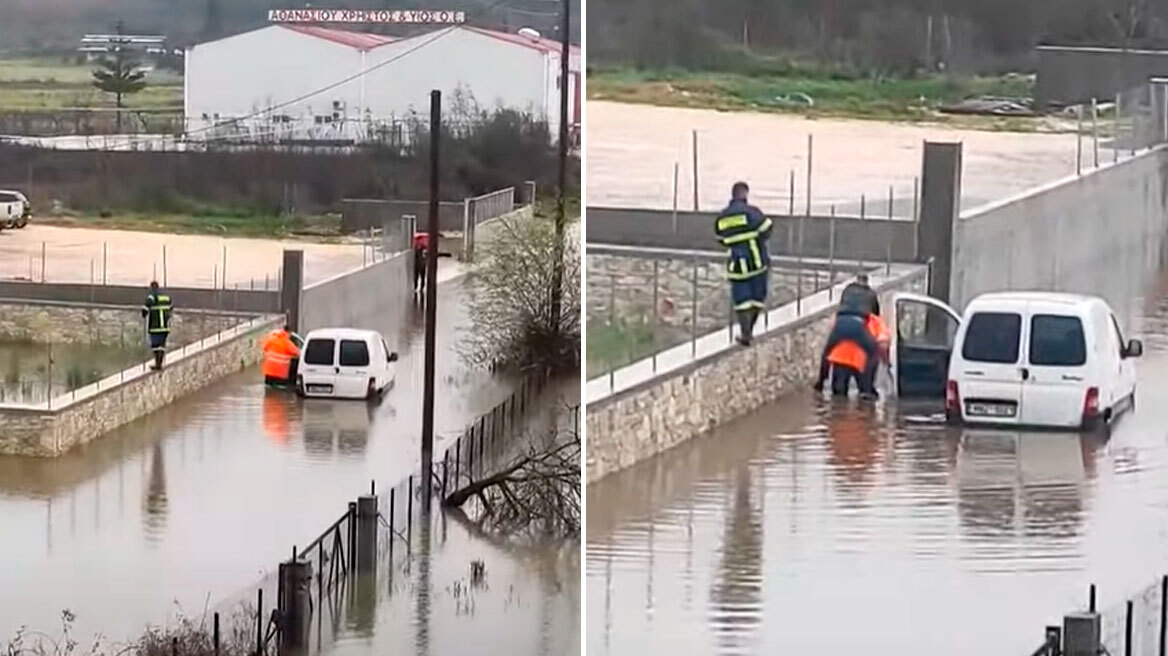 Καιρός - Κακοκαιρία στην Ηγουμενίτσα: Πυροσβέστης απεγκλωβίζει οδηγό κουβαλώντας τον στην πλάτη