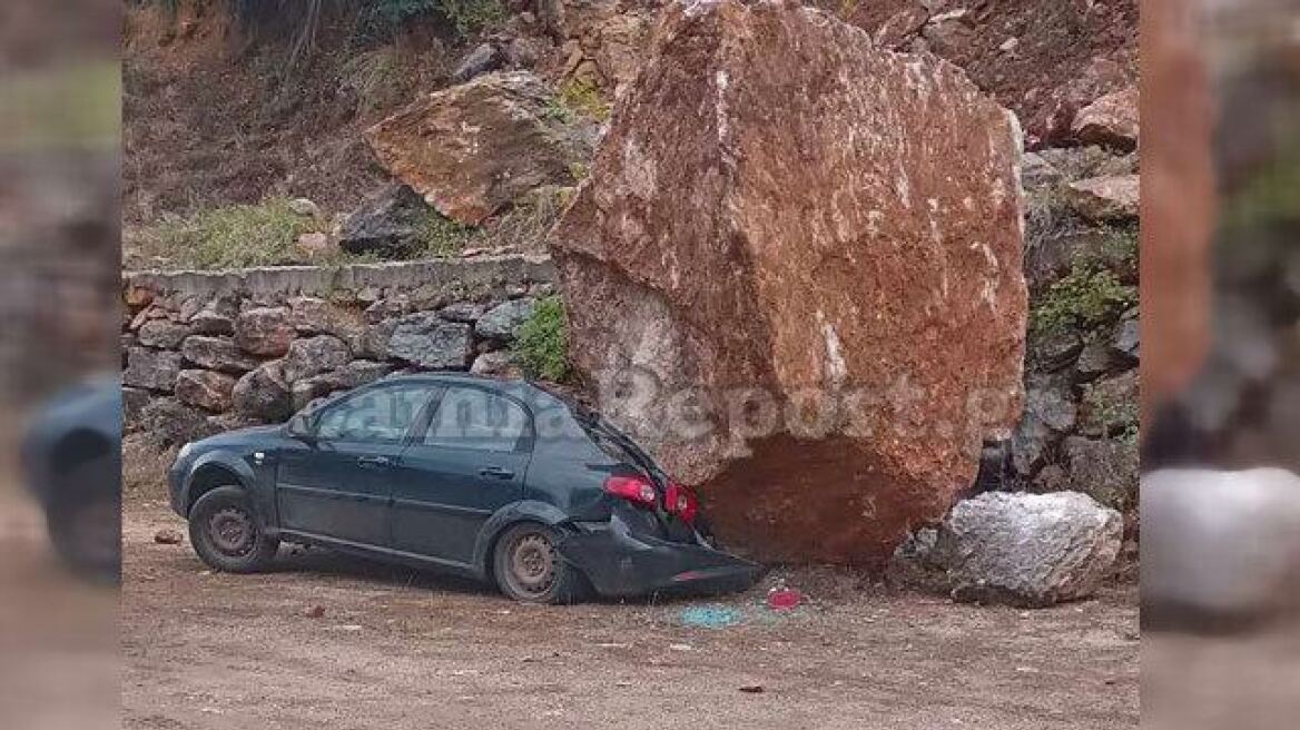 Λαμία: Βράχος καταπλάκωσε και «έλιωσε» αυτοκίνητο σε Μοναστήρι - Δείτε φωτογραφία