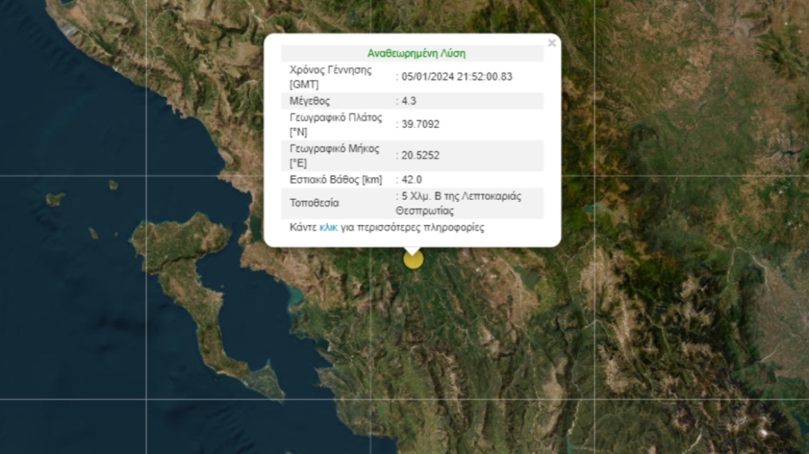 Σεισμός 4,3 Ρίχτερ ταρακούνησε τη Θεσπρωτία