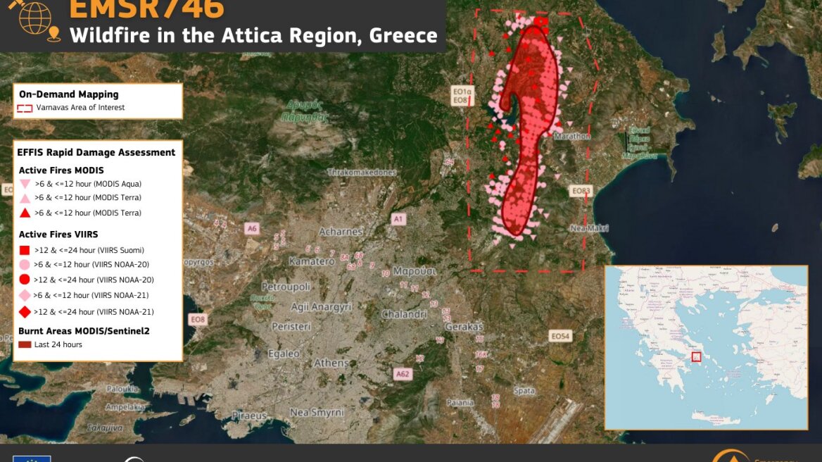 Φωτιά στην Αττική: Τα μέτωπα μέσα από τα δορυφορικά «μάτια» του Copernicus