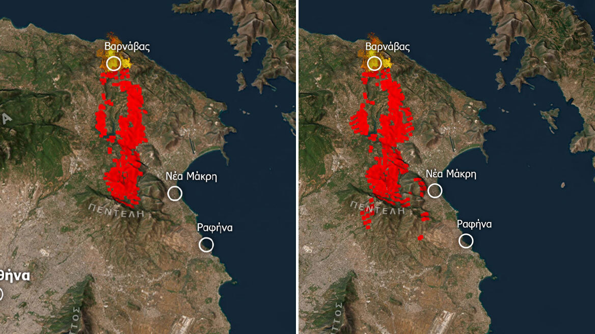 Φωτιά στην Αττική - Meteo: Δορυφορικές εικόνες αποτυπώνουν πώς εξαπλώθηκε το πύρινο μέτωπο