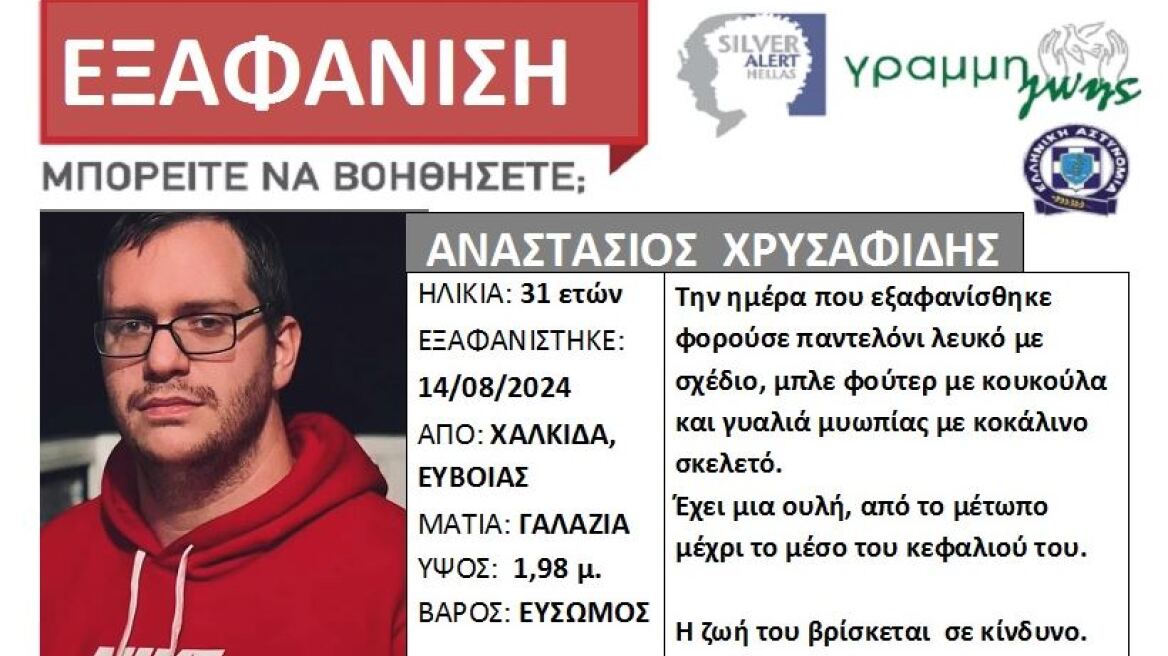 Εξαφάνιση 31χρονου από τη Χαλκίδα - Εκδόθηκε Silver Alert