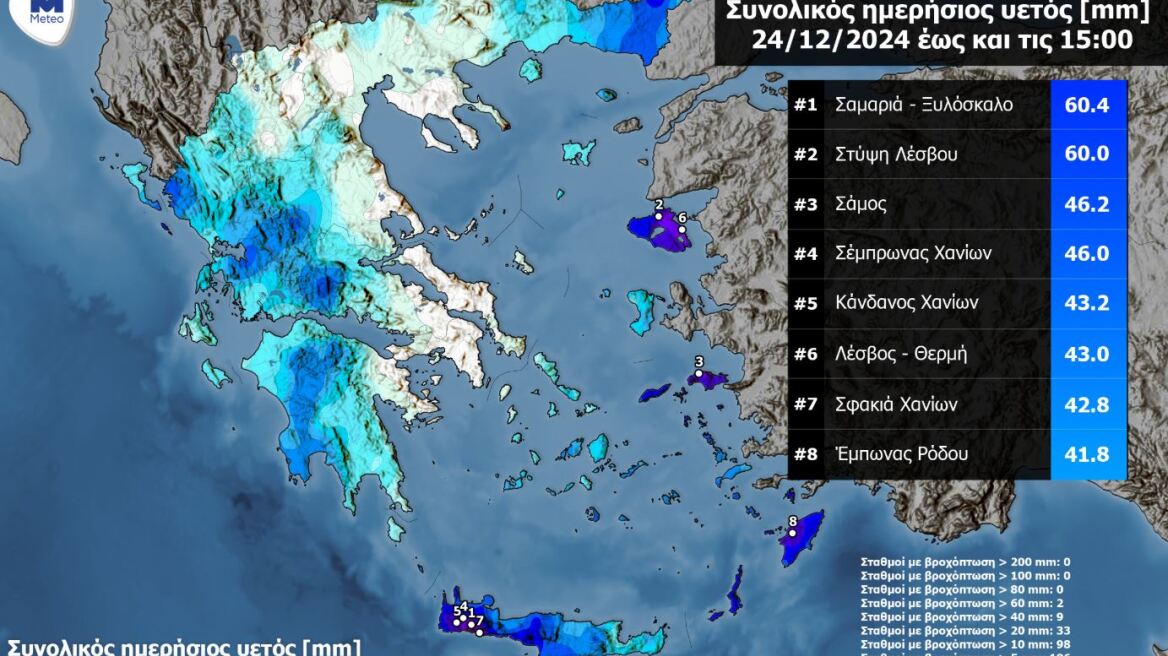 Καιρός: Σε Κρήτη, νησιά ανατολικού Αιγαίου και Δωδεκάνησα οι περισσότερες βροχές έως το μεσημέρι της Τρίτης (χάρτης)