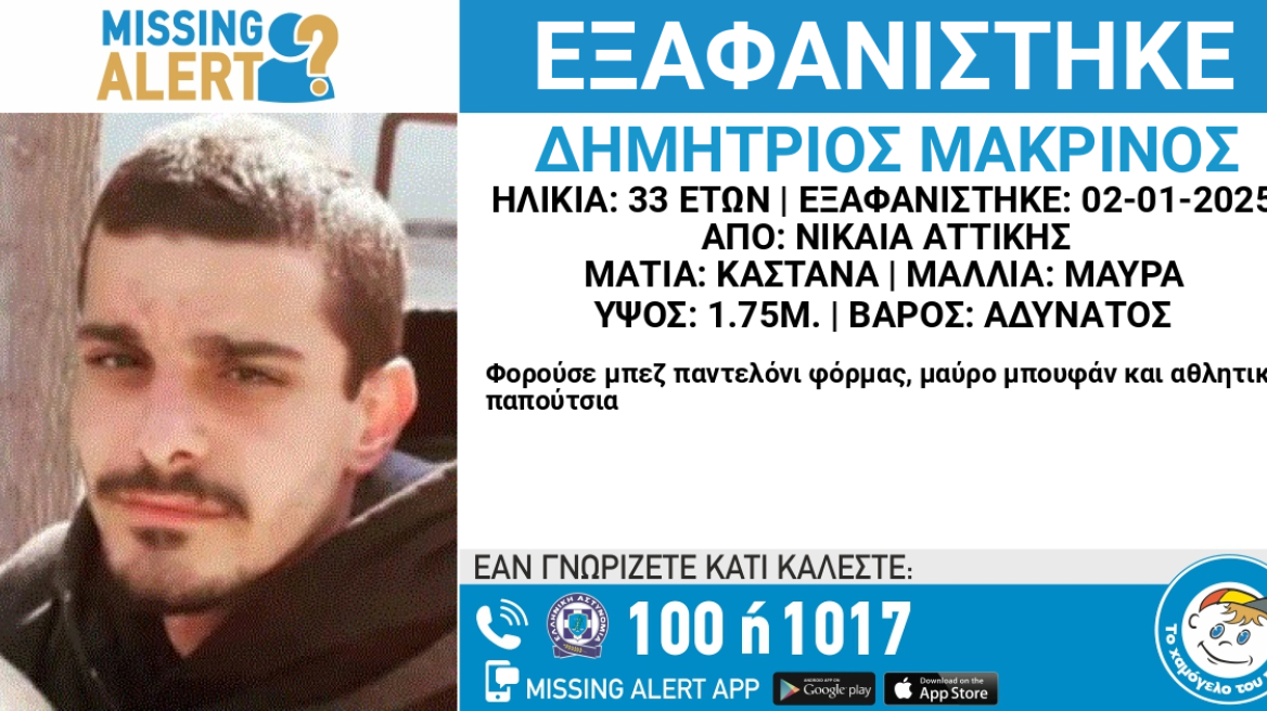 Συναγερμός στη Νίκαια: Εξαφανίστηκε 33χρονος