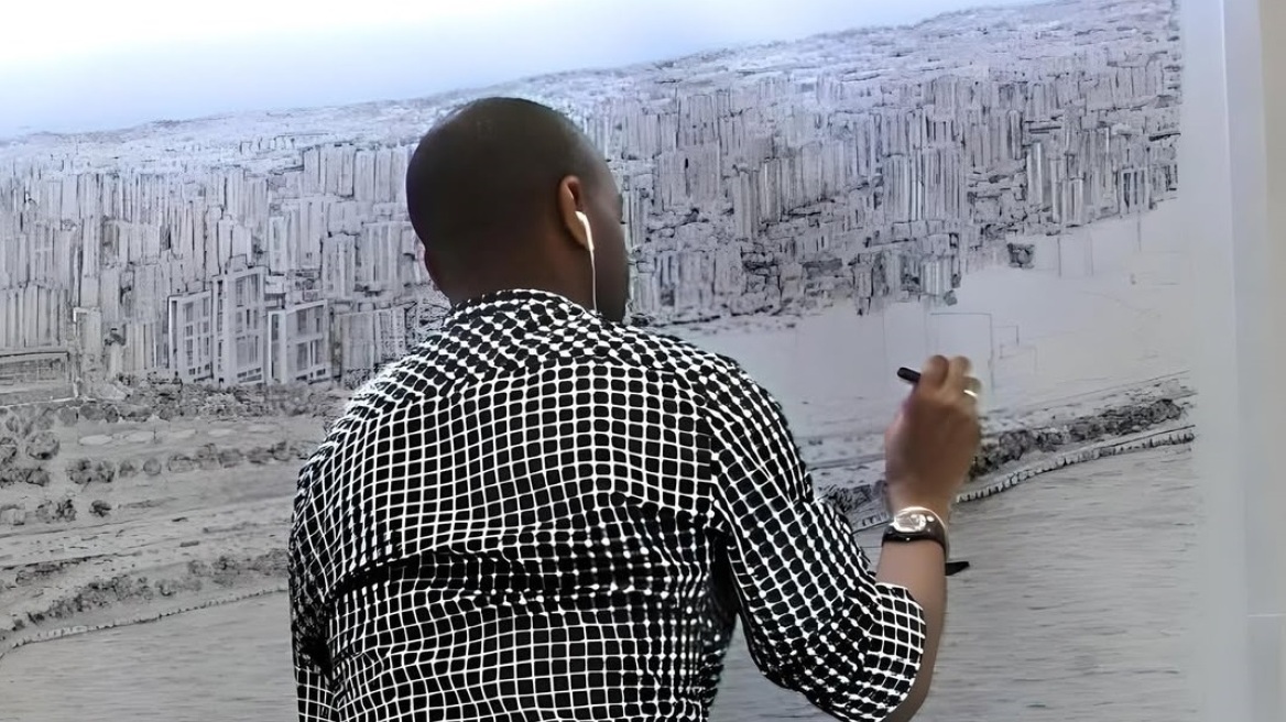 Μετά από μια πτήση 20 λεπτών με ελικόπτερο, ζωγράφισε λεπτομερώς το πανόραμα της Νέας Υόρκης