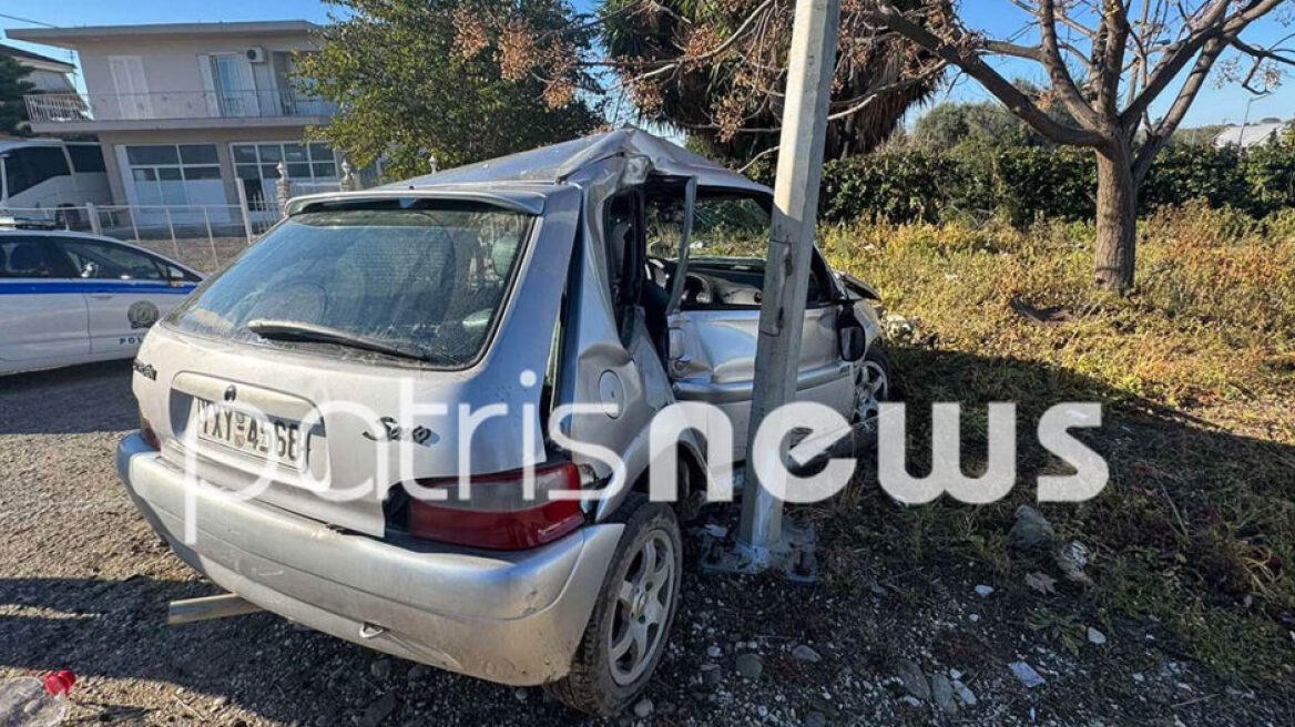 Τροχαίο με έναν σοβαρά τραυματία στην Πύργου - Πατρών: Το αυτοκίνητο καρφώθηκε σε σιδερένια κολόνα ηλεκτροφωτισμού