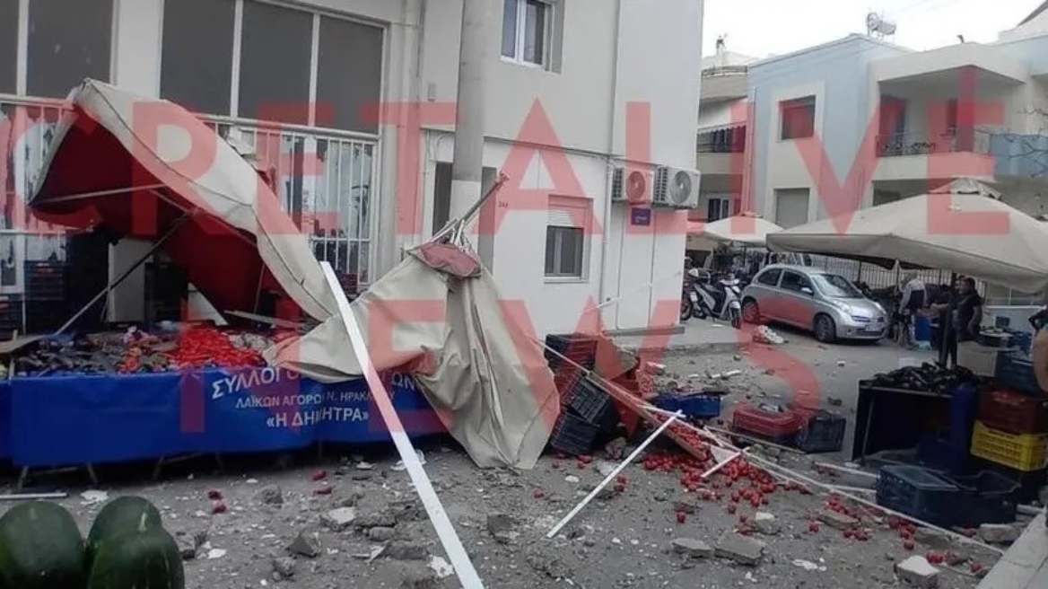 Μεγάλο τμήμα μπαλκονιού έπεσε πάνω σε πάγκο λαϊκής αγοράς στο Ηράκλειο