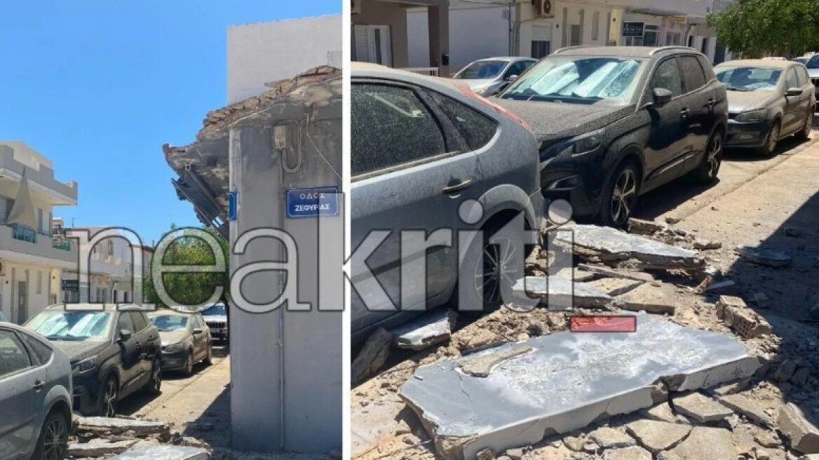 Κατέρρευσε τμήμα ταράτσας από κτίριο στο Ηράκλειο - Ζημιές σε ΙΧ, δείτε φωτογραφίες