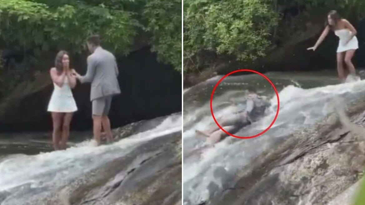 Η πρόταση γάμου στην Τζαμάικα που κατέληξε σε βουτιά: Έπεσε στα γόνατα και μετά στον καταρράκτη