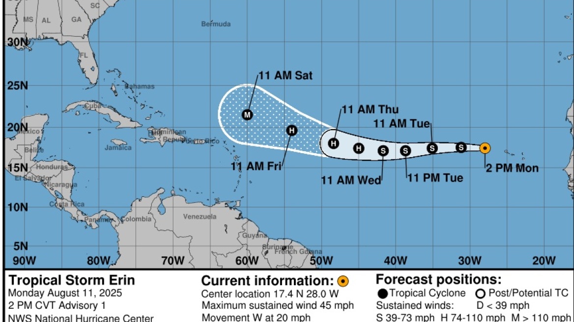 ΗΠΑ: Η τροπική καταιγίδα Έριν σχηματίστηκε κοντά στο Πράσινο Ακρωτήρι