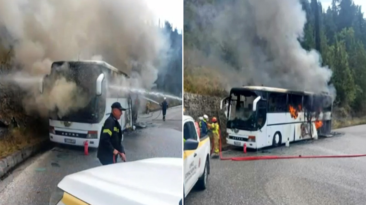 Φωτιά σε τουριστικό λεωφορείο στην Κέρκυρα - Σώοι όλοι οι επιβαίνοντες, δείτε φωτογραφίες