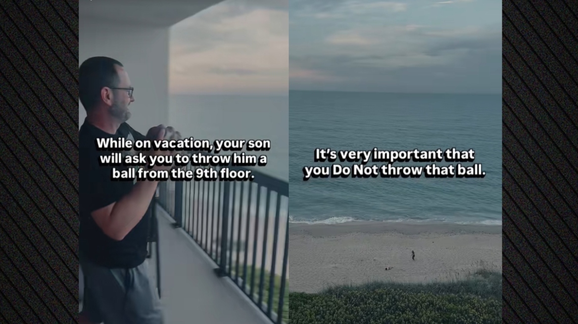 Η στιγμή που πατέρας πετάει μπάλα του ράγκμπι από τον 9ο όροφο και χτυπάει στο κεφάλι τον γιο του που ήταν πολλά μέτρα μακριά